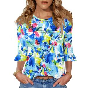 imageBlingfit 34 Length Sleeve Womens Tops Dressy Casual Shirts Ruffle Bell Sleeve Front Pleated Fasion Trendy Summer BlousesLight Blue Tiedye
