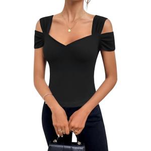 imageBlingfit Cold Shoulder Tops Summer Tunic Shirts for Women T Shirts V Neck Short Sleeve Casual Tees Blouses 2025Black