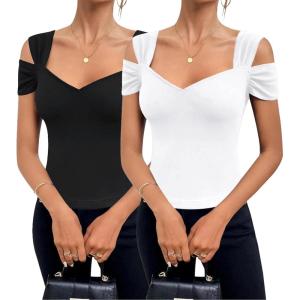 imageBlingfit Cold Shoulder Tops Summer Tunic Shirts for Women T Shirts V Neck Short Sleeve Casual Tees Blouses 2025Blackwhite