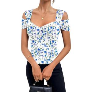 imageBlingfit Cold Shoulder Tops Summer Tunic Shirts for Women T Shirts V Neck Short Sleeve Casual Tees Blouses 2025Blue Flowers on White Background