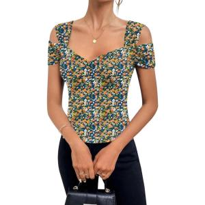 imageBlingfit Cold Shoulder Tops Summer Tunic Shirts for Women T Shirts V Neck Short Sleeve Casual Tees Blouses 2025Blue Orange Flower