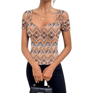 imageBlingfit Cold Shoulder Tops Summer Tunic Shirts for Women T Shirts V Neck Short Sleeve Casual Tees Blouses 2025Bohemian Prints