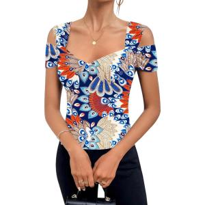 imageBlingfit Cold Shoulder Tops Summer Tunic Shirts for Women T Shirts V Neck Short Sleeve Casual Tees Blouses 2025Colorful Flowers on Navy Background