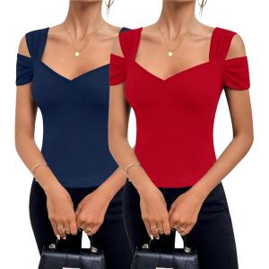 imageBlingfit Cold Shoulder Tops Summer Tunic Shirts for Women T Shirts V Neck Short Sleeve Casual Tees Blouses 2025Dark Blue Red