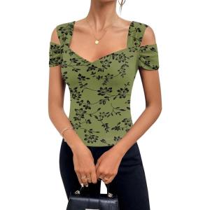 imageBlingfit Cold Shoulder Tops Summer Tunic Shirts for Women T Shirts V Neck Short Sleeve Casual Tees Blouses 2025Green Background Print