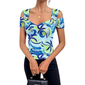 imageBlingfit Cold Shoulder Tops Summer Tunic Shirts for Women T Shirts V Neck Short Sleeve Casual Tees Blouses 2025Hawaiian Blue Leaves