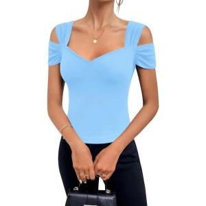 imageBlingfit Cold Shoulder Tops Summer Tunic Shirts for Women T Shirts V Neck Short Sleeve Casual Tees Blouses 2025Light Blue