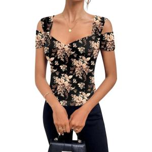 imageBlingfit Cold Shoulder Tops Summer Tunic Shirts for Women T Shirts V Neck Short Sleeve Casual Tees Blouses 2025Orange Flowers on Black Background