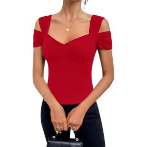 imageBlingfit Cold Shoulder Tops Summer Tunic Shirts for Women T Shirts V Neck Short Sleeve Casual Tees Blouses 2025Red