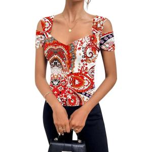 imageBlingfit Cold Shoulder Tops Summer Tunic Shirts for Women T Shirts V Neck Short Sleeve Casual Tees Blouses 2025Red Flowers on White Background