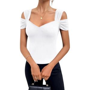 imageBlingfit Cold Shoulder Tops Summer Tunic Shirts for Women T Shirts V Neck Short Sleeve Casual Tees Blouses 2025White