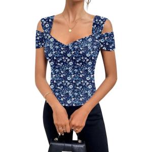 imageBlingfit Cold Shoulder Tops Summer Tunic Shirts for Women T Shirts V Neck Short Sleeve Casual Tees Blouses 2025White Flowers on Dark Blue Background