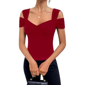 imageBlingfit Cold Shoulder Tops Summer Tunic Shirts for Women T Shirts V Neck Short Sleeve Casual Tees Blouses 2025Wine Red