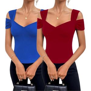 imageBlingfit Cold Shoulder Tops Summer Tunic Shirts for Women T Shirts V Neck Short Sleeve Casual Tees Blouses 2025Wine Redblue