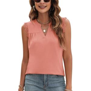 imageBlingfit Womens V Neck Guipure Lace Tank Tops Sleeveless Dressy Blouses Summer Casual SolidFloral Tunic ShirtsAcoral Pink