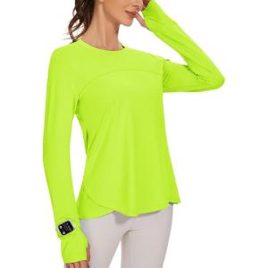 imageBlingfit Womens Workout Tops Long Sleeve Running Hiking Athletic Gym Shirts Lightweight UPF50 UV Rash Guard Sun ProtectionFluorescent Green