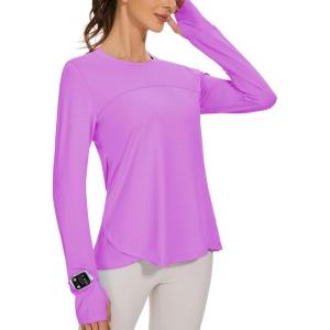imageBlingfit Womens Workout Tops Long Sleeve Running Hiking Athletic Gym Shirts Lightweight UPF50 UV Rash Guard Sun ProtectionLight Purple