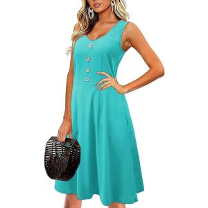 imageII ININ Womens 2025 Sundresses Casual Summer Tank Dress V Neck Sleeveless Button Down Midi Floral Beach Dress with PocketsBlake Blue
