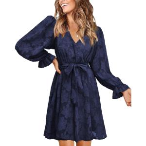 imageII ININ Womens Wedding Guest Dresses Long Sleeve Cocktail Dress Wrap V Neck Lace Tie Waist Mini Party DressNavy Blue