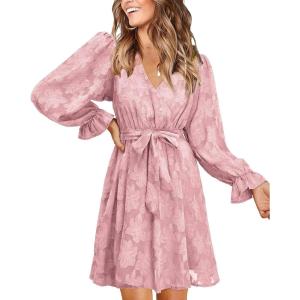imageII ININ Womens Wedding Guest Dresses Long Sleeve Cocktail Dress Wrap V Neck Lace Tie Waist Mini Party DressPink1