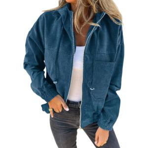 imageVICHYIE Corduroy Drawstring Hooded Pocket Zip Up Jacket Loose Shacket CoatBlue
