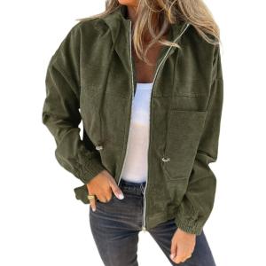 imageVICHYIE Corduroy Drawstring Hooded Pocket Zip Up Jacket Loose Shacket CoatGreen
