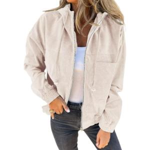imageVICHYIE Corduroy Drawstring Hooded Pocket Zip Up Jacket Loose Shacket CoatOffwhite
