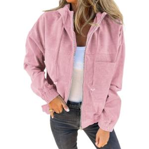imageVICHYIE Corduroy Drawstring Hooded Pocket Zip Up Jacket Loose Shacket CoatPink