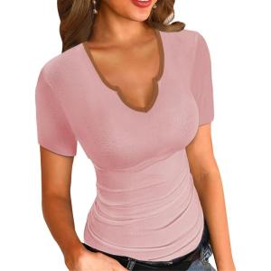 imageVICHYIE T Shirts for Women Summer Short Sleeves V Neck Slim Fitted Casual Tops Blouses Shirt Basic Tee Pink XL