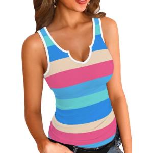 imageVICHYIE Tank Tops for Women Summer Sleeveless Shirts V Neck Ribbed Slim Fitted Tops Cami BlousesStriped90