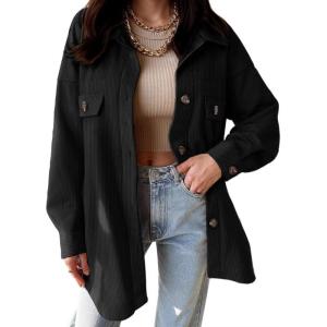 imageVICHYIE Womens Corduroy Shacket Blouses Button Down Shirts Pocket Long Sleeves Tops Jacket CoatsBlack