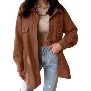 imageVICHYIE Womens Corduroy Shacket Blouses Button Down Shirts Pocket Long Sleeves Tops Jacket CoatsCoffee
