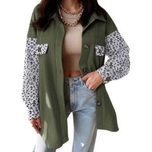 imageVICHYIE Womens Corduroy Shacket Blouses Button Down Shirts Pocket Long Sleeves Tops Jacket CoatsLeopardgreen