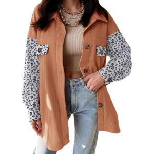 imageVICHYIE Womens Corduroy Shacket Blouses Button Down Shirts Pocket Long Sleeves Tops Jacket CoatsLeopardorange Brown