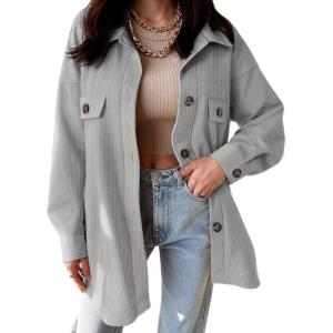 imageVICHYIE Womens Corduroy Shacket Blouses Button Down Shirts Pocket Long Sleeves Tops Jacket CoatsLight Grey
