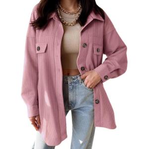 imageVICHYIE Womens Corduroy Shacket Blouses Button Down Shirts Pocket Long Sleeves Tops Jacket CoatsPink