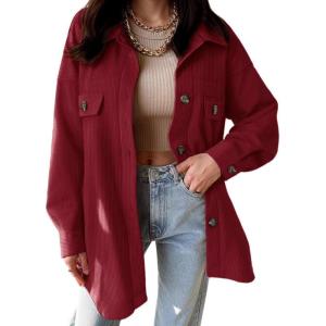 imageVICHYIE Womens Corduroy Shacket Blouses Button Down Shirts Pocket Long Sleeves Tops Jacket CoatsRed