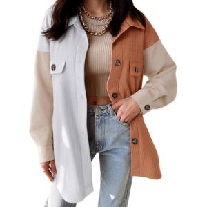 imageVICHYIE Womens Corduroy Shacket Blouses Button Down Shirts Pocket Long Sleeves Tops Jacket CoatsWhite Brown