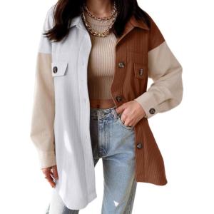 imageVICHYIE Womens Corduroy Shacket Blouses Button Down Shirts Pocket Long Sleeves Tops Jacket CoatsWhite Coffee