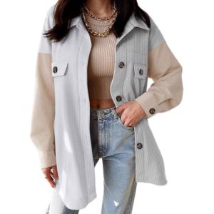 imageVICHYIE Womens Corduroy Shacket Blouses Button Down Shirts Pocket Long Sleeves Tops Jacket CoatsWhite Grey