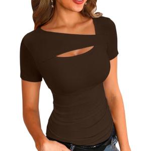 imageVICHYIE Womens Fashion Fall Clothes One Piece Cutout Tops Long Sleeve Ribbed Slim Fitted Shirts Tee TshirtsShortcoffee