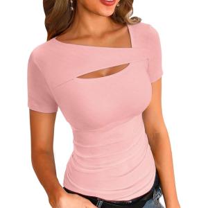 imageVICHYIE Womens Fashion Fall Clothes One Piece Cutout Tops Long Sleeve Ribbed Slim Fitted Shirts Tee TshirtsShortlight Pink