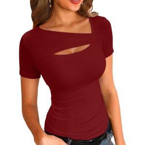 imageVICHYIE Womens Fashion Fall Clothes One Piece Cutout Tops Long Sleeve Ribbed Slim Fitted Shirts Tee TshirtsShortwine Red