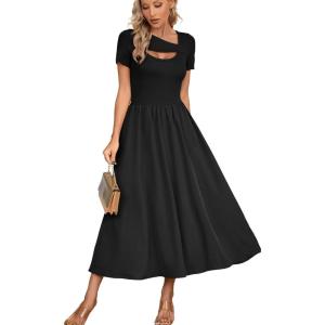 imageVICHYIE Womens Summer Dresses Cutout One Piece Ribbed Maxi Short Sleeve Casual Flowy ALine Long Midi DressBlack