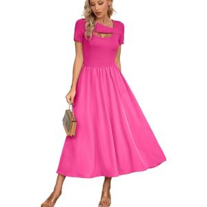 imageVICHYIE Womens Summer Dresses Cutout One Piece Ribbed Maxi Short Sleeve Casual Flowy ALine Long Midi DressHot Pink