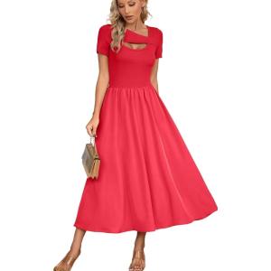 imageVICHYIE Womens Summer Dresses Cutout One Piece Ribbed Maxi Short Sleeve Casual Flowy ALine Long Midi DressRed