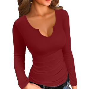 imageVICHYIE Womens Tops V Neck Summer Short Sleeve Casual Slim Fitted TshirtZwine Red