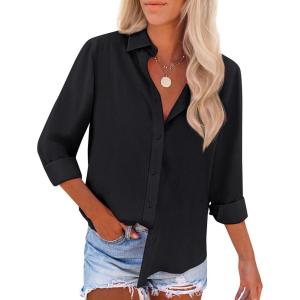 imageWomens Button Down Shirts Cotton Dress Shirt Stretch Oxford Shirt Long Sleeve Boyfriend Collared Wrinkle Free Blouse TopA Black