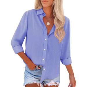 imageWomens Button Down Shirts Cotton Dress Shirt Stretch Oxford Shirt Long Sleeve Boyfriend Collared Wrinkle Free Blouse TopBlue Purple