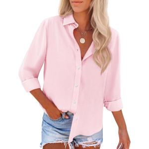 imageWomens Button Down Shirts Cotton Dress Shirt Stretch Oxford Shirt Long Sleeve Boyfriend Collared Wrinkle Free Blouse TopLight Pink